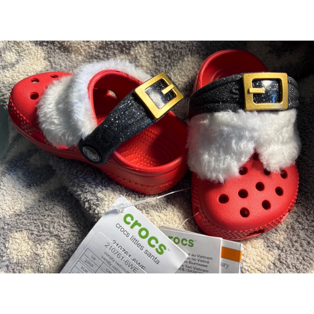 NEW 2C/3C Crocs Littles Santa Clogs Red White Fur glitter Buckle Toddler Girls.